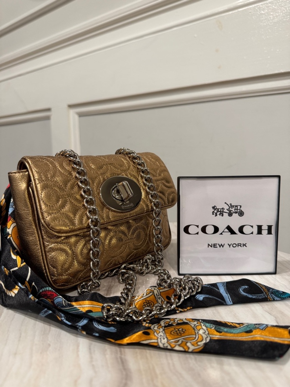 Coach Bag Madison Small Signature Embossed Gold Metallic Leather Shoulder Bag